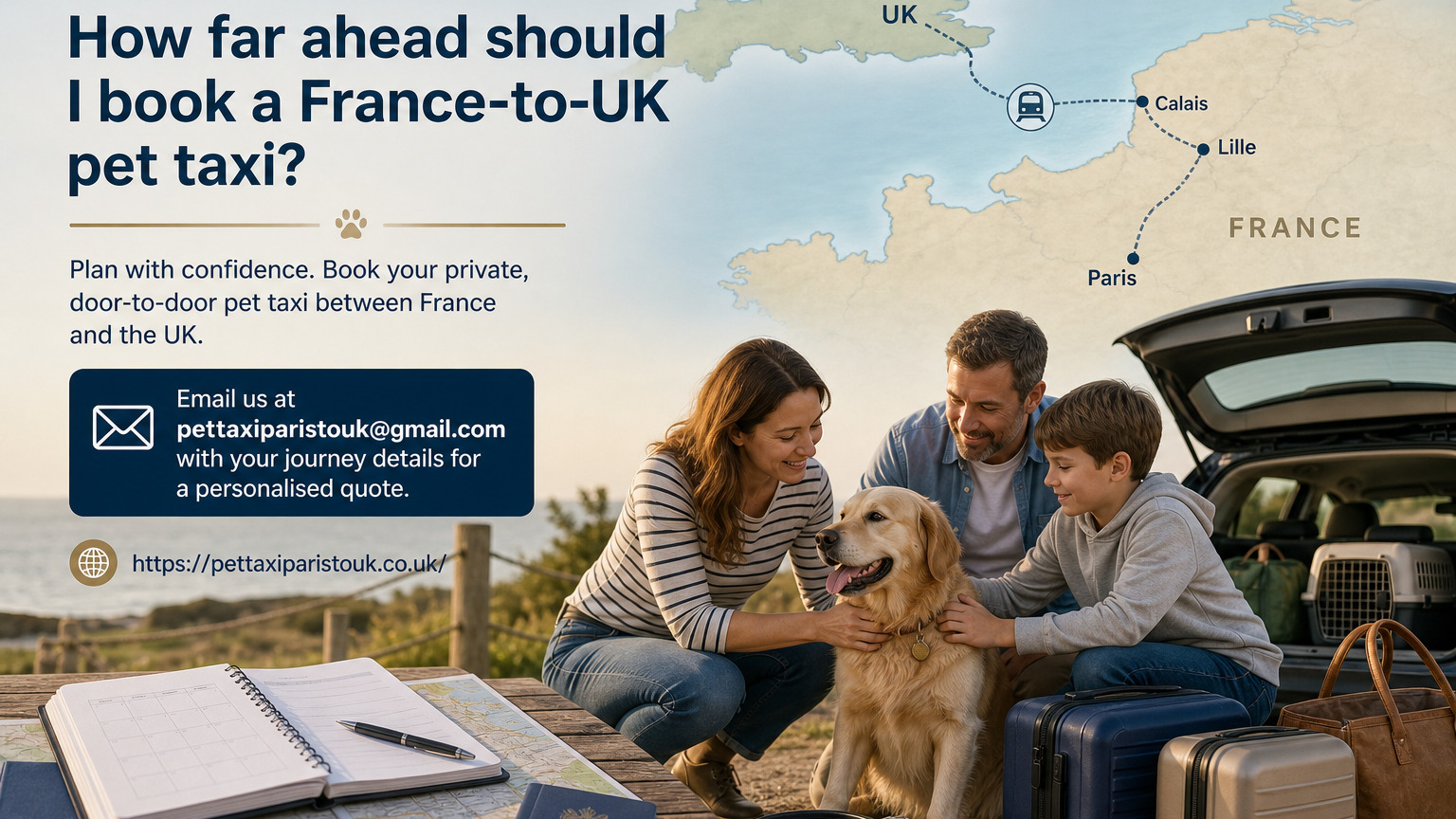 How far ahead should I book a France-to-UK pet taxi?