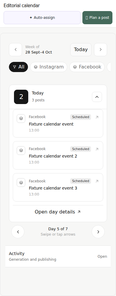 Mobile Single-day Calendar showing the same fictional sample posts for 2 October 2026 as the desktop view. Not a connected workspace.